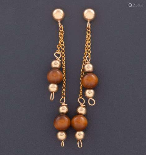 LONG EARRINGS WITH TIGER EYE QUARTZ IN YELLOW GOLD 9 KT_.<br...