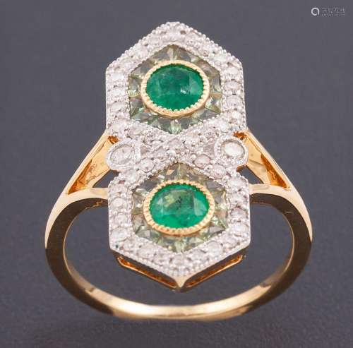 RING MADE IN 18 KT GOLD WITH DIAMONDS, EMERALD AND SAPPHIRES...