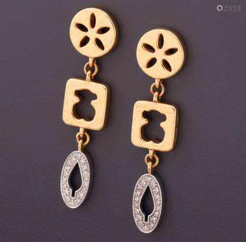 TOUS LONG EARRINGS IN 18 KT BICOLOR GOLD WITH DIAMONDS _<br ...