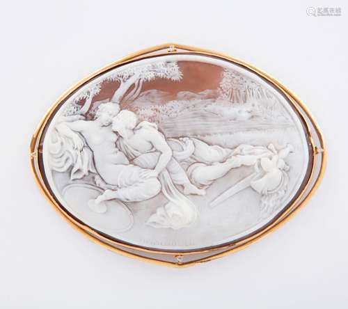 CAMEO BROOCH-PENDANT SIGNED AMMENDOLA WITH DIAMONDS AND SHEL...