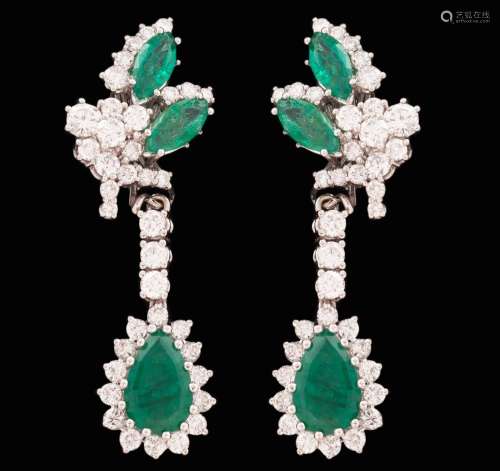 SET OF LONG LEAF-SHAPED EARRINGS SET WITH EMERALDS AND BRILL...