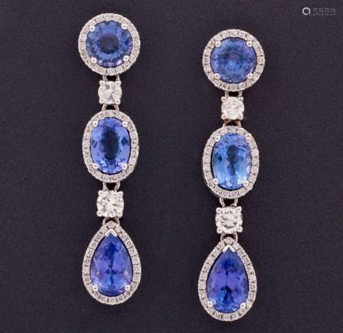PAIR OF EARRINGS MADE IN 18 KT GOLD, TANZANITE AND DIAMONDS ...