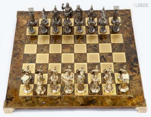 CHESS WITH GILDED AND SILVERED BRONZE FIGURES REPRESENTING R...