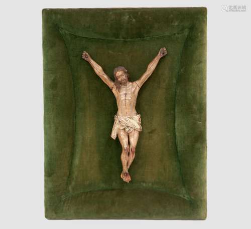 CRUCIFIED CHRIST WITHOUT CROSS FRAMED ON GREEN VELVET. SPANI...