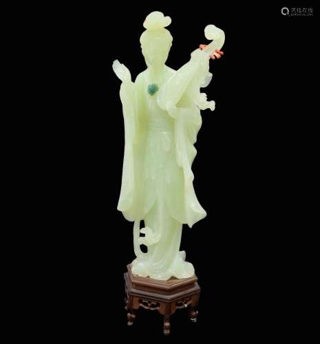 EXQUISITE FIGURE OF GUANYIN PLAYING THE JADE BIWA CARVED ON ...