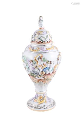 VASE WITH PORCELAIN LID WITH CHERUB DECORATION AND GILDED HI...