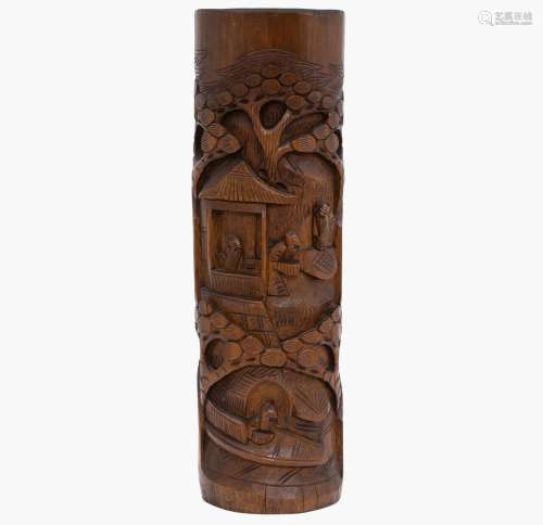 BAMBOO BRUSH HOLDER CARVED IN HIGH RELIEF WITH PALACE SCENES...