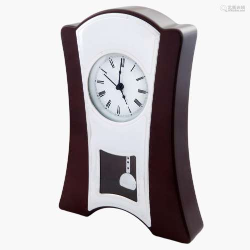 WOOD AND SILVER PLATED METAL TABLE CLOCK WITH PENDULUM