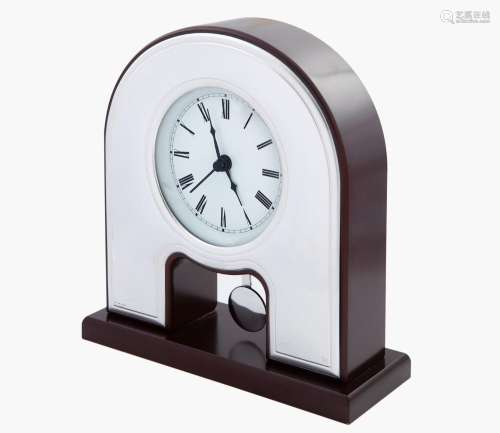 TABLE CLOCK IN WOOD AND SILVER PLATED METAL WITH PENDULUM