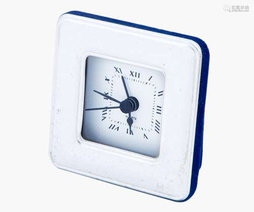 SILVER PLATED METAL TABLE CLOCK IN QUADRANGULAR SHAPE.