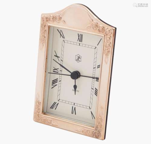 SILVER PLATED METAL TABLE CLOCK WITH FLORAL DECORATION