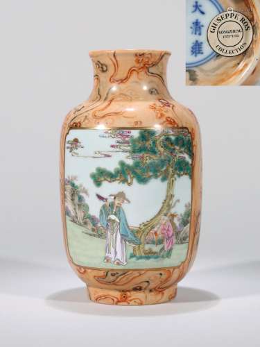 CHINESE PORCELAIN WOOD-IMITATED GLAZE FAMILLE ROSE MAN UNDER...