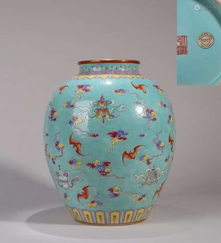 CHINESE PORCELAIN TURQUOISE GLAZE FAMILLE ROSE BAT AND CLOUD...