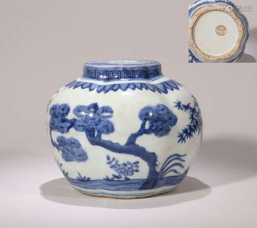 CHINESE PORCELAIN BLUE AND WHITE PINE AND BAMBOO LIDDED WATE...