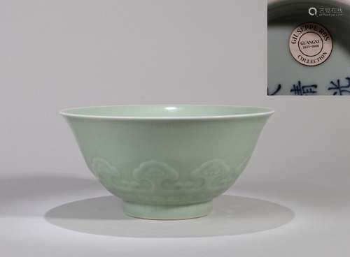 CHINESE PORCELAIN GREEN GLAZE ENGRAVED BOWL