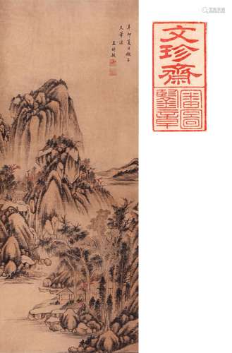 CHINESE SCROLL PAINTING OF MOUNTAIN VIEWS SIGNED BY WANG SHI...