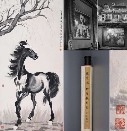 CHINESE SCROLL PAINTING OF HORSE UNDER TREE SIGNED BY XU BEI...