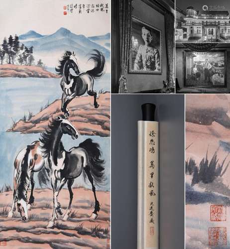 CHINESE SCROLL PAINTING OF HORSE BY RIVER SIGNED BY XU BEIHO...