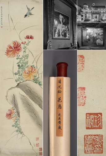 CHINESE SCROLL PAINTING OF BIRD AND FLOWER SIGNED BY SHENQUA...