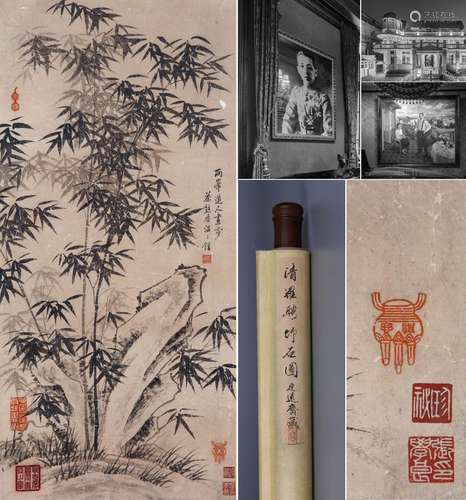 CHINESE SCROLL PAINTING OF BAMBOO AND ROCK SIGNED BY LUOPIN