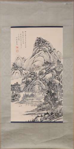 CHINESE SCROLL PAINTING OF MOUNTAIN VIEWS SIGNED BY WANG XUE...