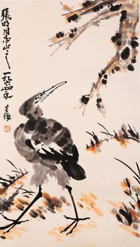 CHINESE SCROLL PAINTING OF BIRD UNDER TREE SIGNED BY LI KUCH...