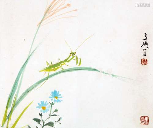 CHINESE SCROLL PAINTING OF INSECT AND LEAF SIGNED BY WANG XU...