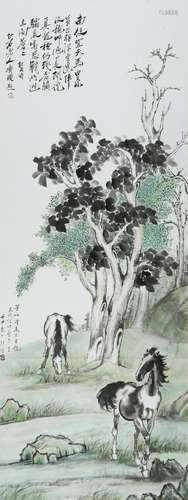 CHINESE SCROLL PAINTING OF HORSE UNDER TREE SIGNED BY XU BEI...