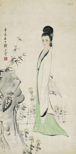 CHINESE SCROLL PAINTING OF BEAUTY IN GARDEN SIGNED BY LIU DA...