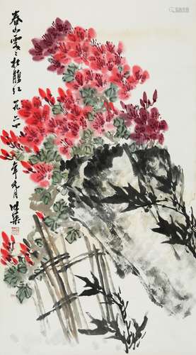 CHINESE SCROLL PAINTING OF FLOWER AND ROCK SIGNED BY GUO WEI...