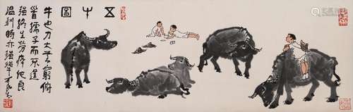 CHINESE SCROLL PAINTING OF FIVE OXES SIGNED BY LI KERAN