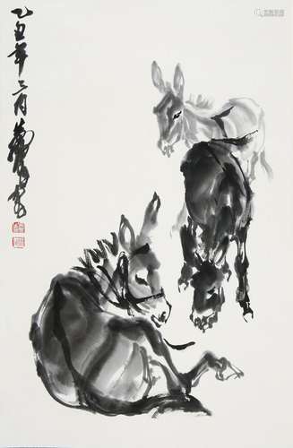 CHINESE SCROLL PAINTING OF DONKEY SIGNED BY HUANGZHOU