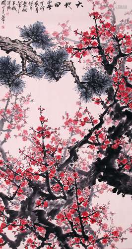 CHINESE SCROLL PAINTING OF PLUM BLOSSOMMINGS SIGNED BY GUAN ...