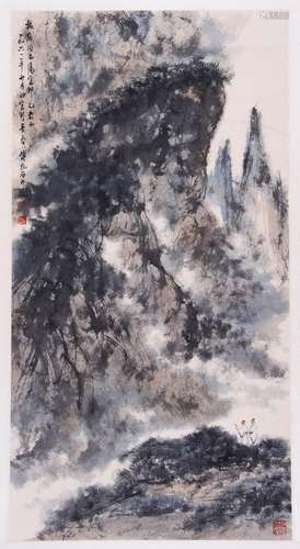 CHINESE SCROLL PAINTING OF MOUNTAIN VIEWS SIGNED BY FU BAOSH...