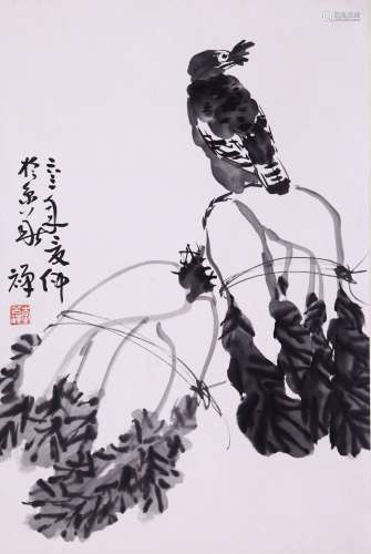 CHINESE SCROLL PAINTING OF BIRD AND CABBAGE SIGNED BY LI KUC...