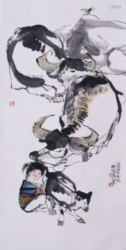 CHINESE SCROLL PAINTING OF GIRL AND OX SIGNED BY CHENG SHIFA
