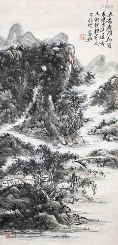 CHINESE SCROLL PAINTING OF MOUNTAIN VIEWS SIGNED BY HUANG BI...