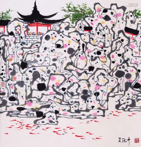 CHINESE SCROLL PAINTING OF GARDEN VIEWS SIGNED BY WU GUANZHO...