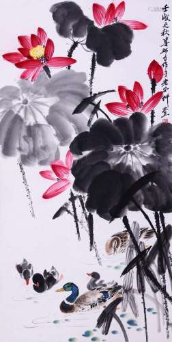 CHINESE SCROLL PAINTING OF BIRD AND LOTUS SIGNED BY LOU SHIB...