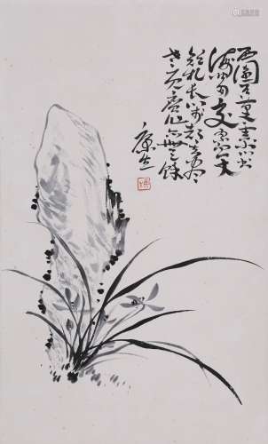 CHINESE SCROLL PAINTING OF ORCHID AND ROCK SIGNED BY KANGSHE...