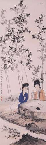 CHINESE SCROLL PAINTING OF BEAUTY IN GARDEN SIGNED BY CHEN S...