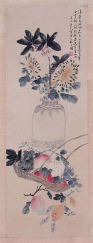 CHINESE SCROLL PAINTING OF FLOWER IN VASE SIGNED BY CHEN BAN...