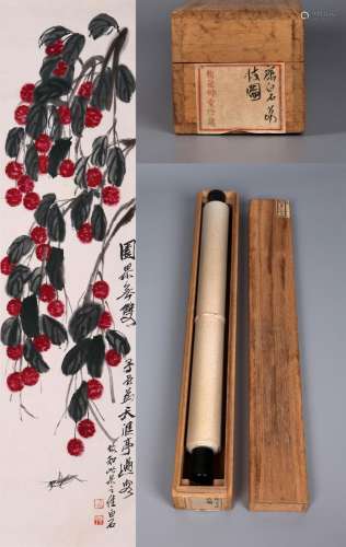 CHINESE SCROLL PAINTING OF INSECT AND LICHI SIGNED BY QI BAI...