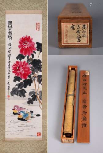 CHINESE SCROLL PAINTING OF DUCK AND FLOWER SIGNED BY QI BAIS...