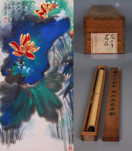 CHINESE SCROLL PAINTING OF LOTUS SIGNED BY ZHANG DAQIAN