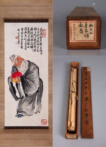CHINESE SCROLL PAINTING OF OLD MAN WITH PEACH SIGNED BY QI B...