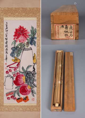 CHINESE SCROLL PAINTING OF FLOWER IN VASE SIGNED BY QI BAISH...