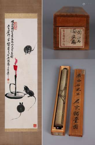 CHINESE SCROLL PAINTING OF RAT AND LIGHTOR SIGNED BY QI BAIS...