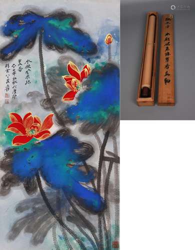 CHINESE SCROLL PAINTING OF LOTUS SIGNED BY ZHANG DAQIAN