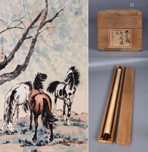 CHINESE SCROLL PAINTING OF HORSE UNDER TREE SIGNED BY XU BEI...
